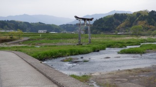 遊歩道から見える川の中の鳥居