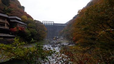 湯原温泉 砂湯の全景と紅葉